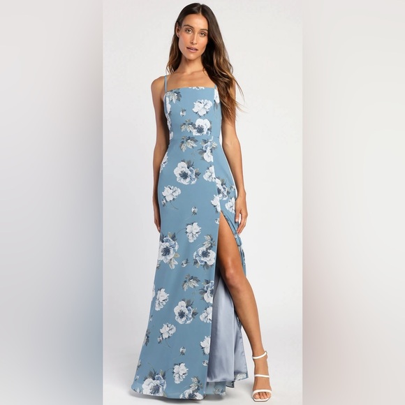Lulus Feeling Elegant Slate Blue Floral Print Lace-Up Slit Maxi Dress - Picture 1 of 3